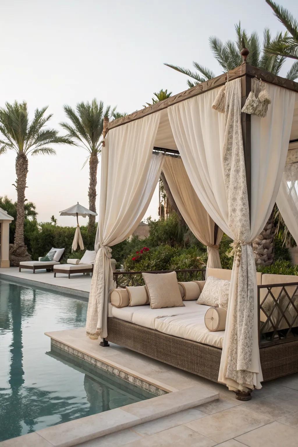 Luxurious daybeds offer the perfect spot for relaxation by the pool.