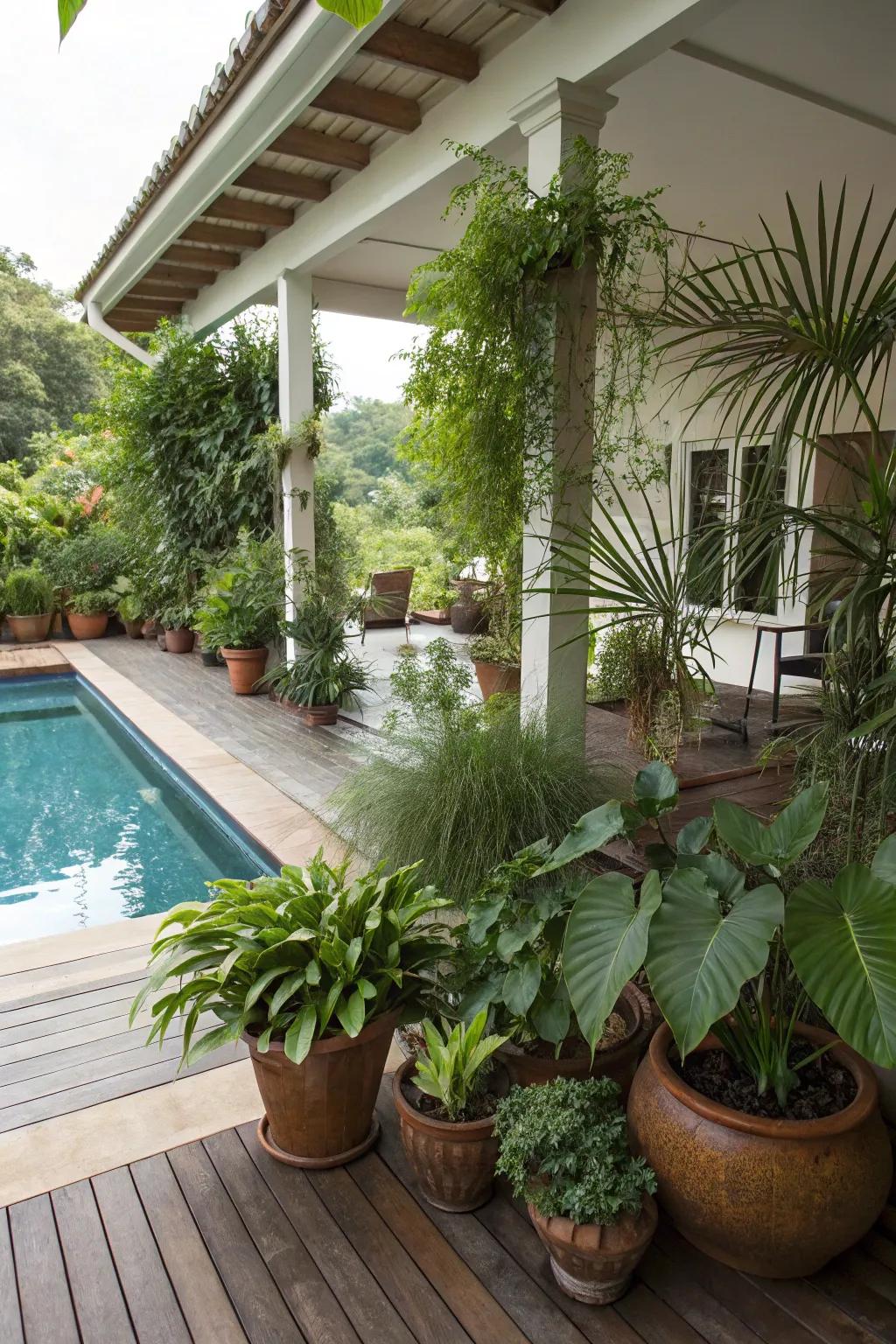 Lush greenery in planters enhancing a poolside porch.