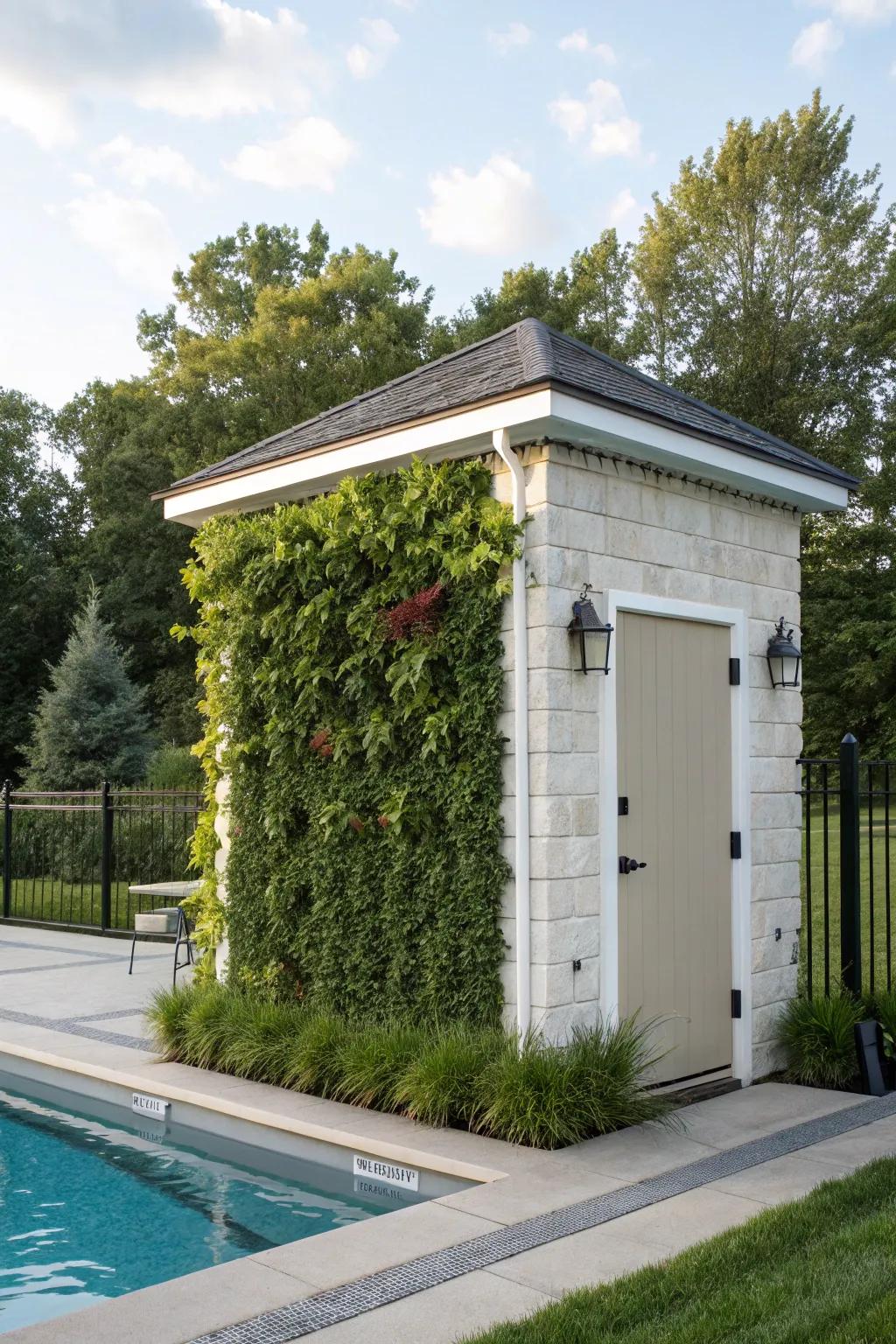 A pool pump house with a lush vertical garden feature.