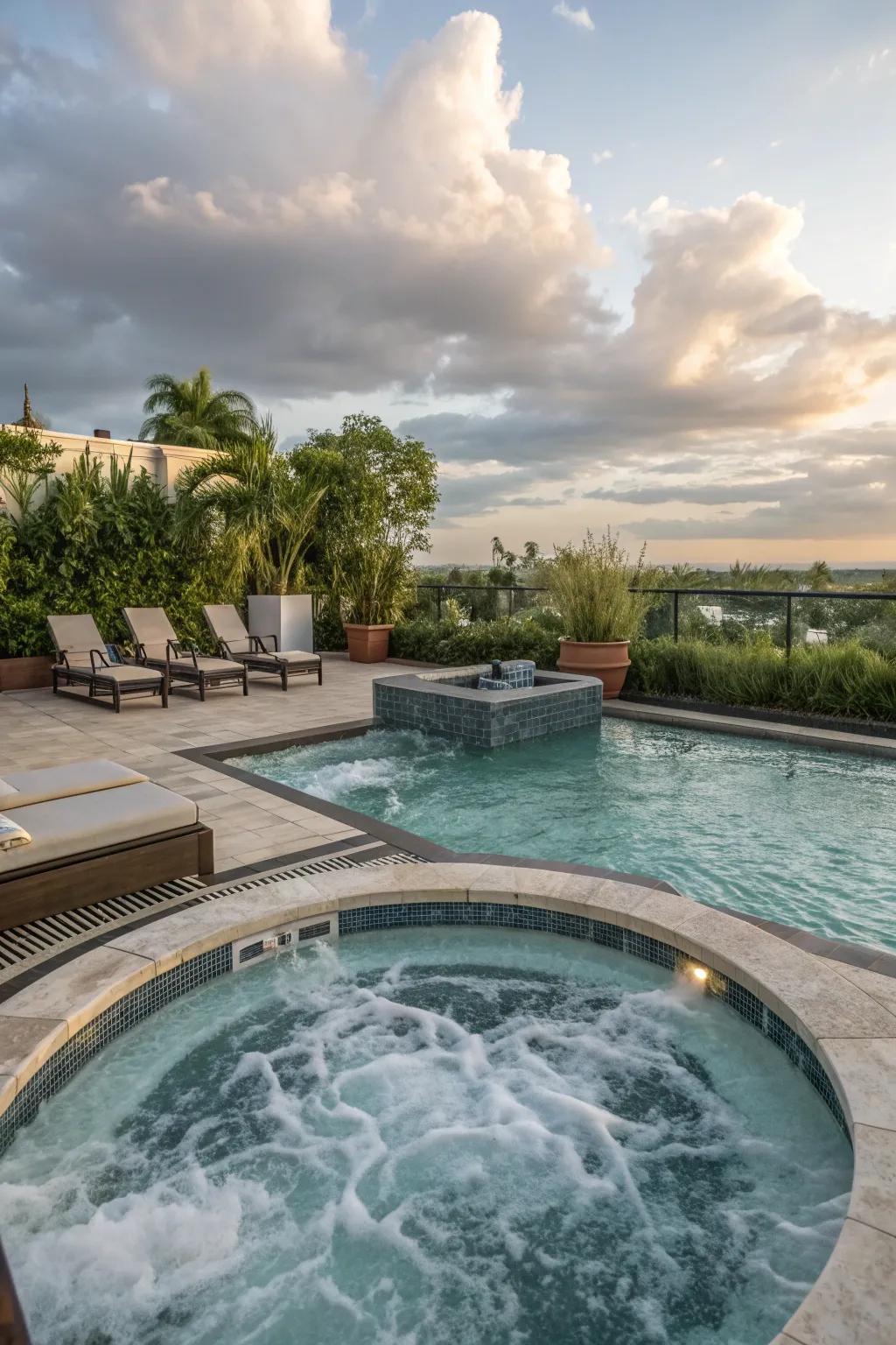 Indulge in relaxation with a built-in spa area in your pool.