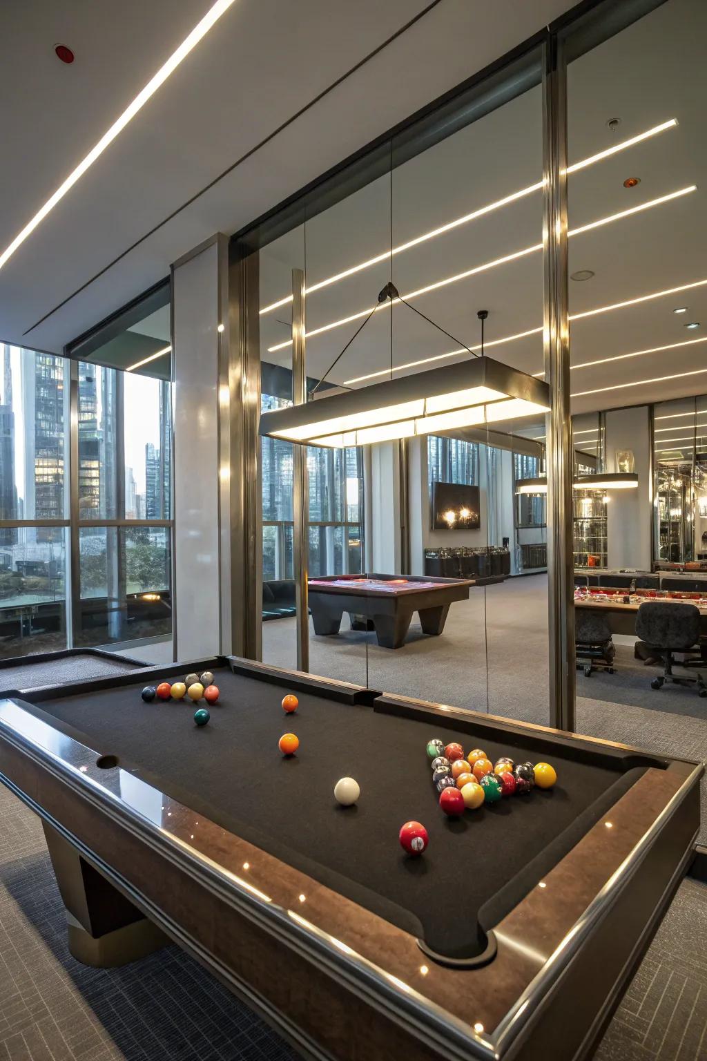 Strategically placed mirrors can transform your game room into a spacious retreat.