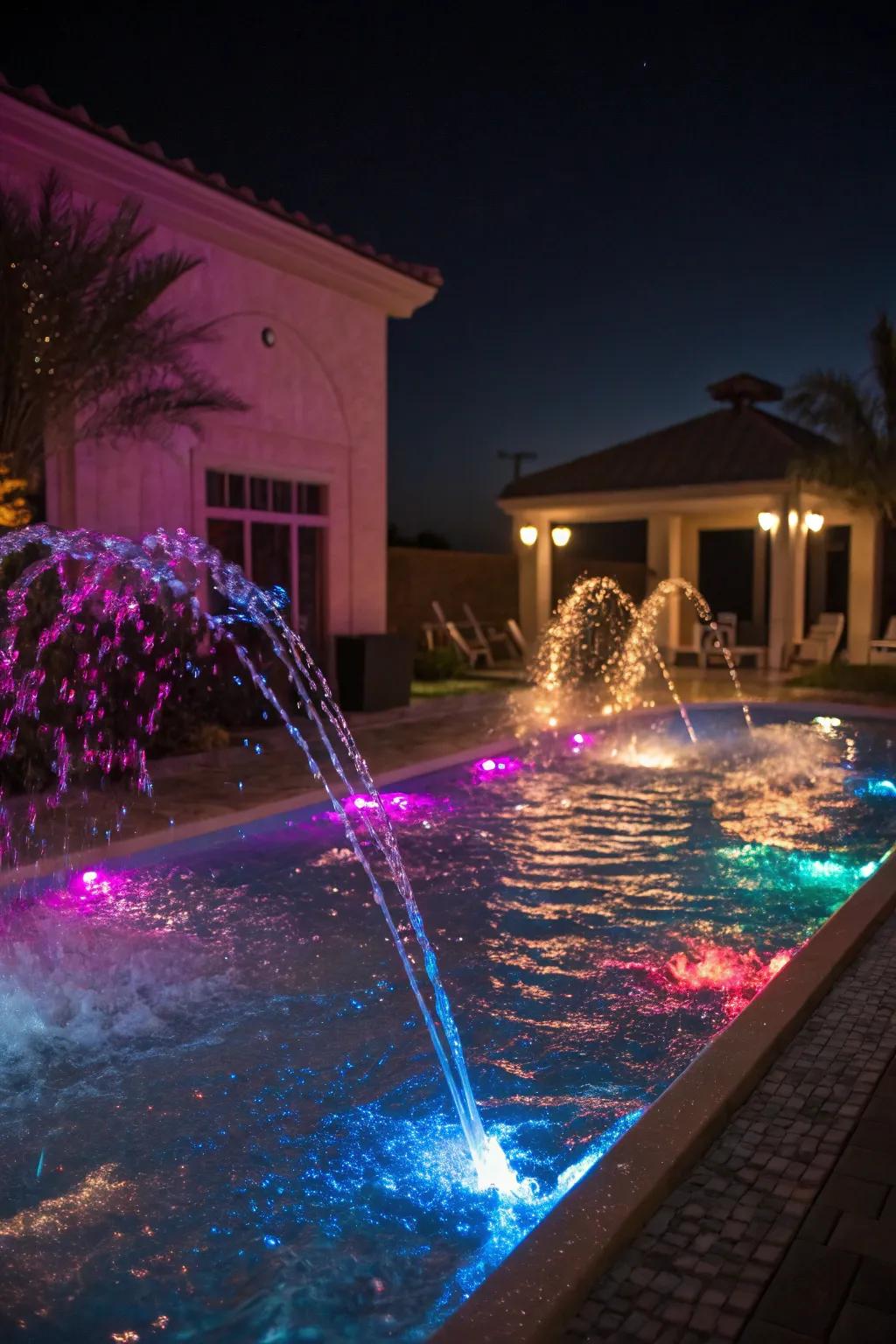 LED lighting transforms your pool into a nighttime spectacle.