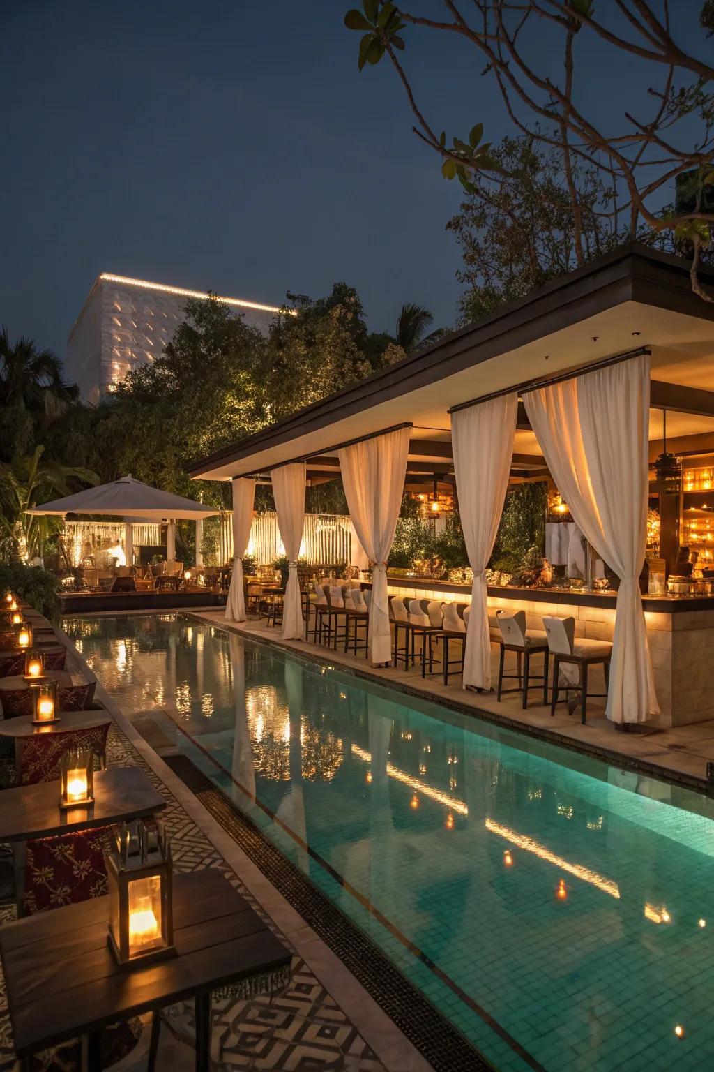 Create a luxurious ambiance with elegant lighting at your pool bar.