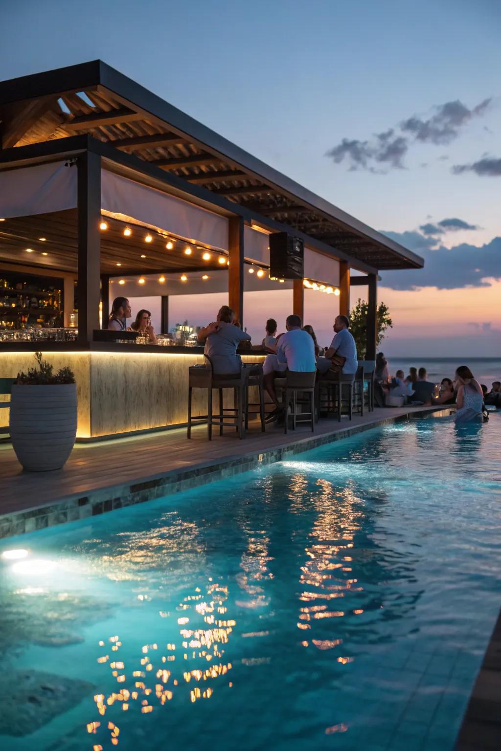 Ambient lighting transforms your pool bar into a nighttime haven.