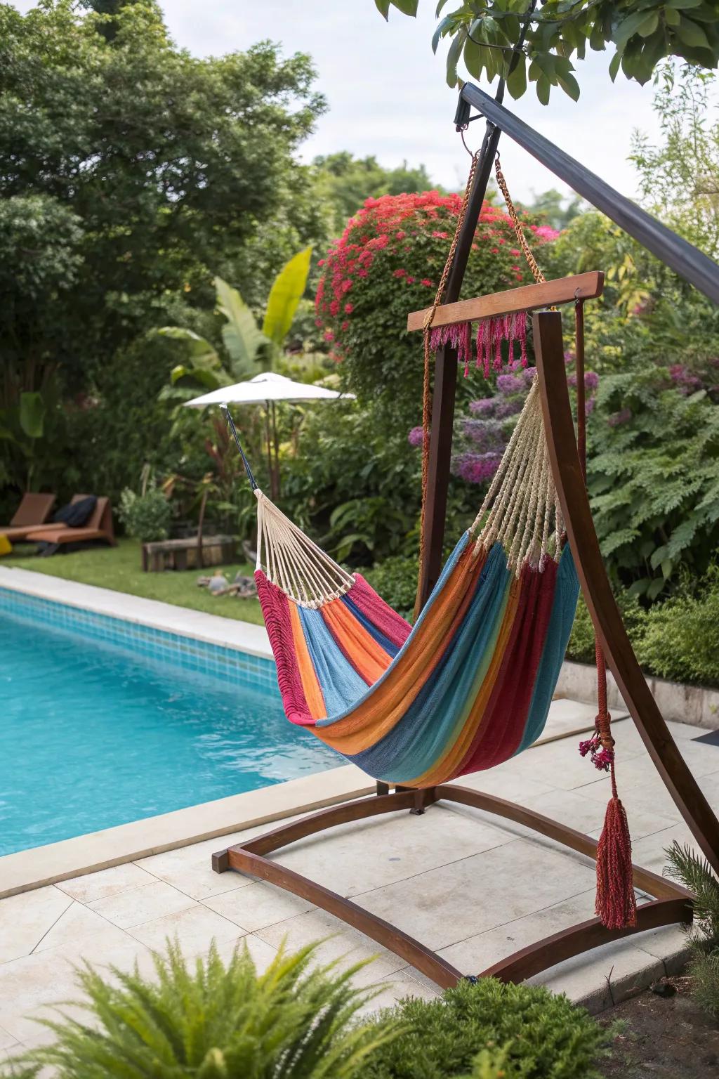 Chic hammocks offer a relaxing retreat by the pool.