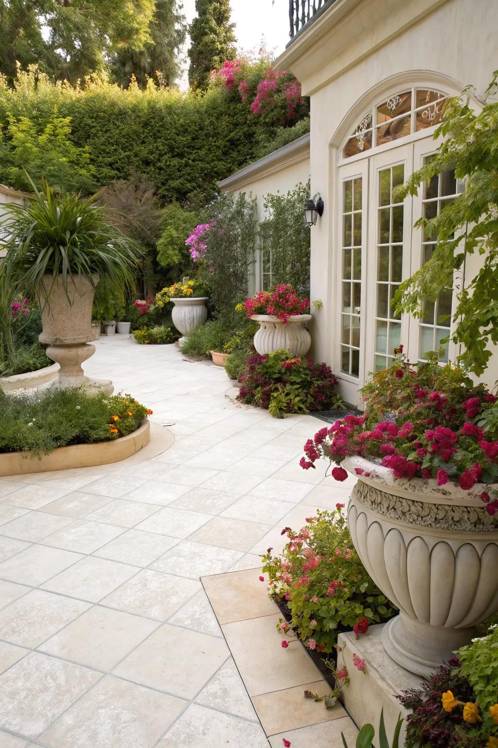 A lush green setting complementing a porcelain patio.