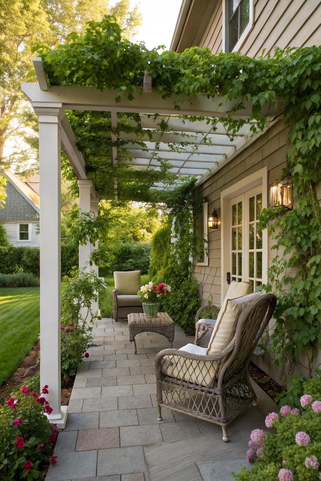 Pergola-style awnings offer shade and style.