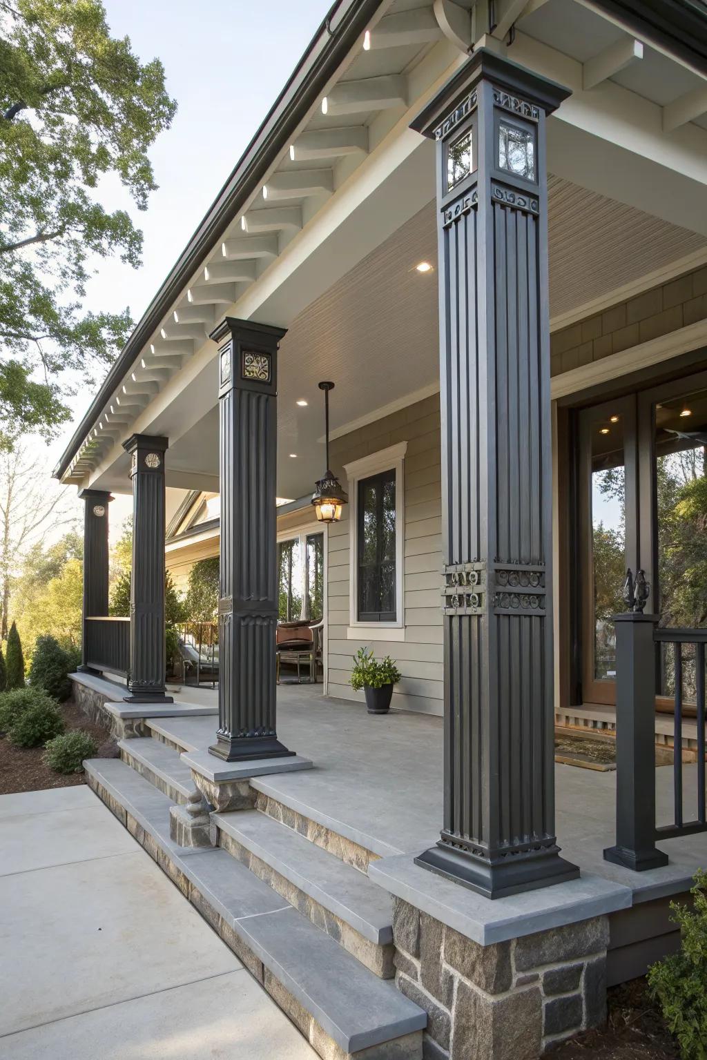 Metal accents bring modern shine to porch columns.