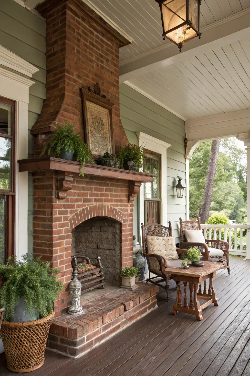 Add vintage charm to your porch with a brick fireplace.