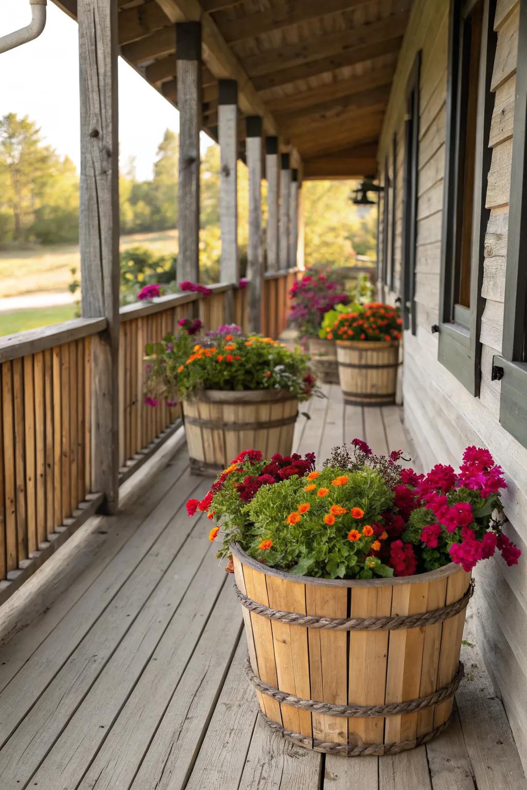 Rustic materials add natural charm to porch flower displays.
