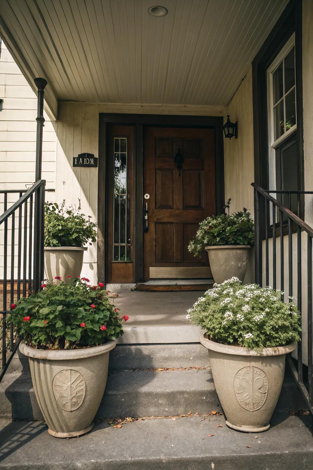 Symmetrical flower pots create a balanced and inviting porch entrance.