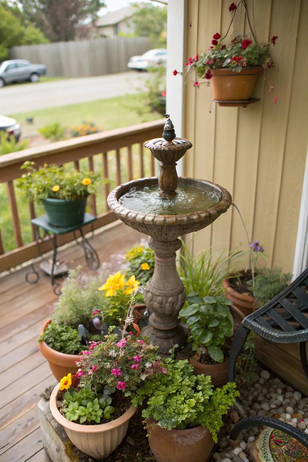 A miniature garden fountain transforms a small porch into a green oasis.