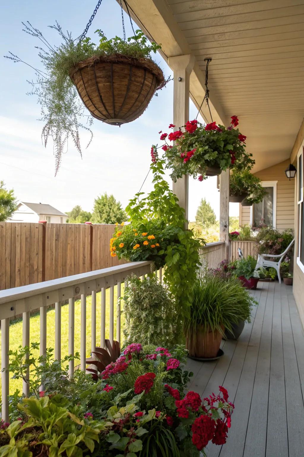 A porch bursting with greenery and floral accents.
