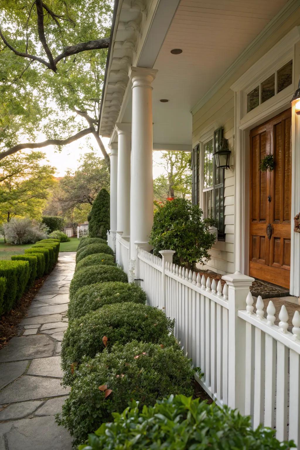 Classic white pillars offer timeless elegance and versatility.