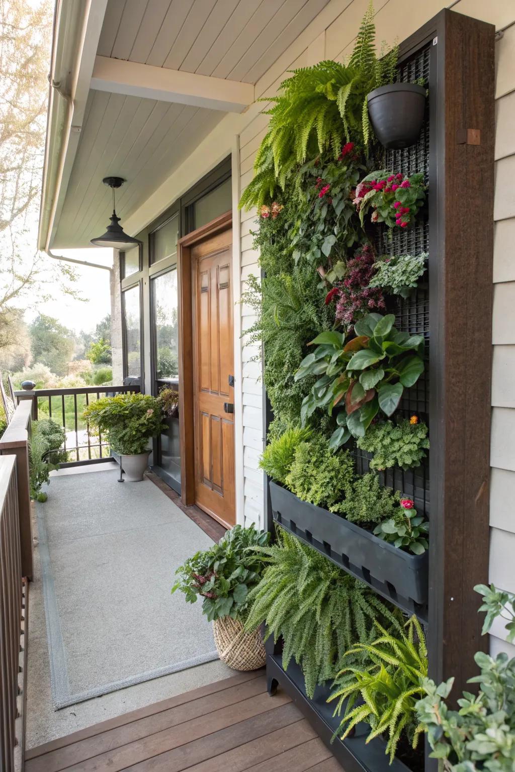 Save space with a vertical planter wall on your porch.