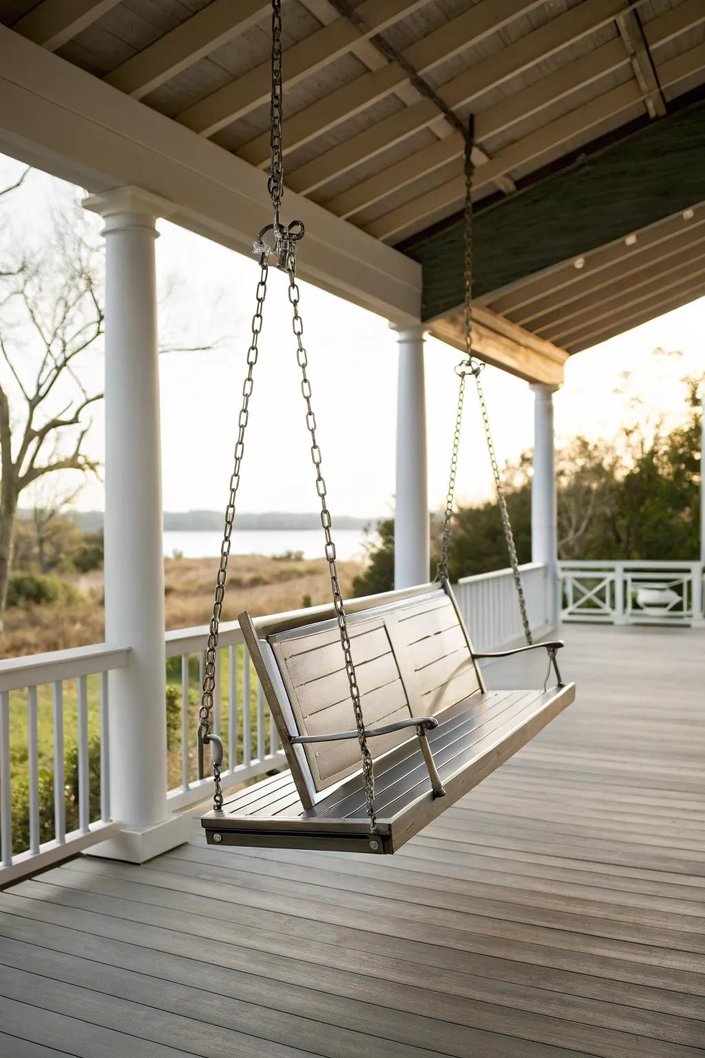 A metal swing adds a modern touch to your under-deck area.