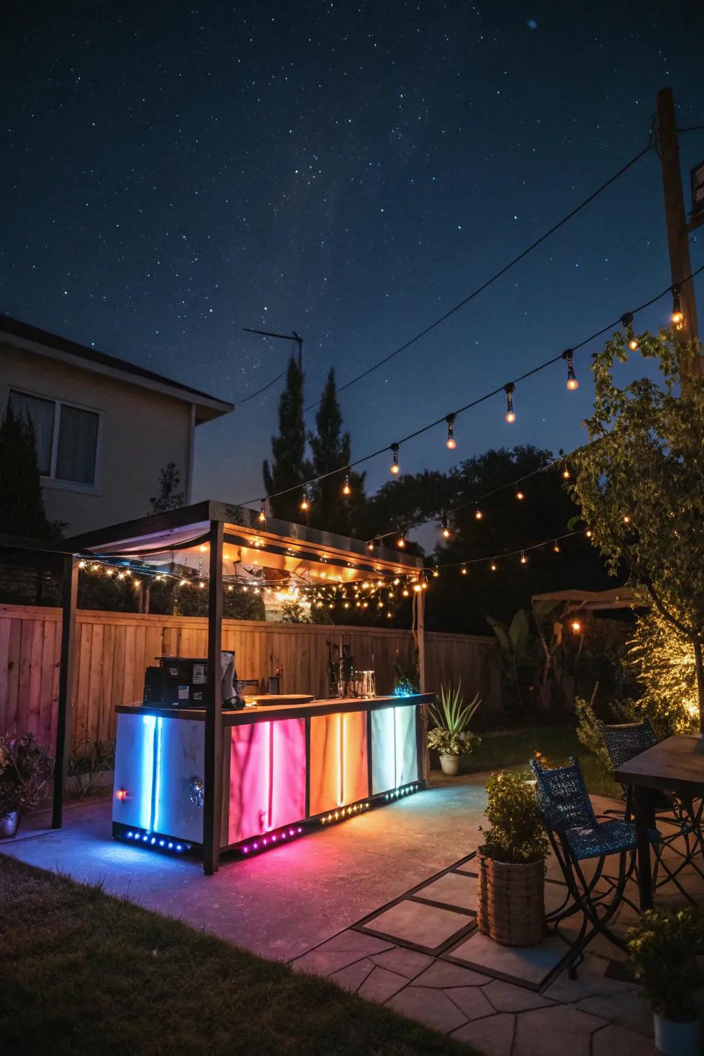 LED lights transform a portable bar into a nighttime spectacle.