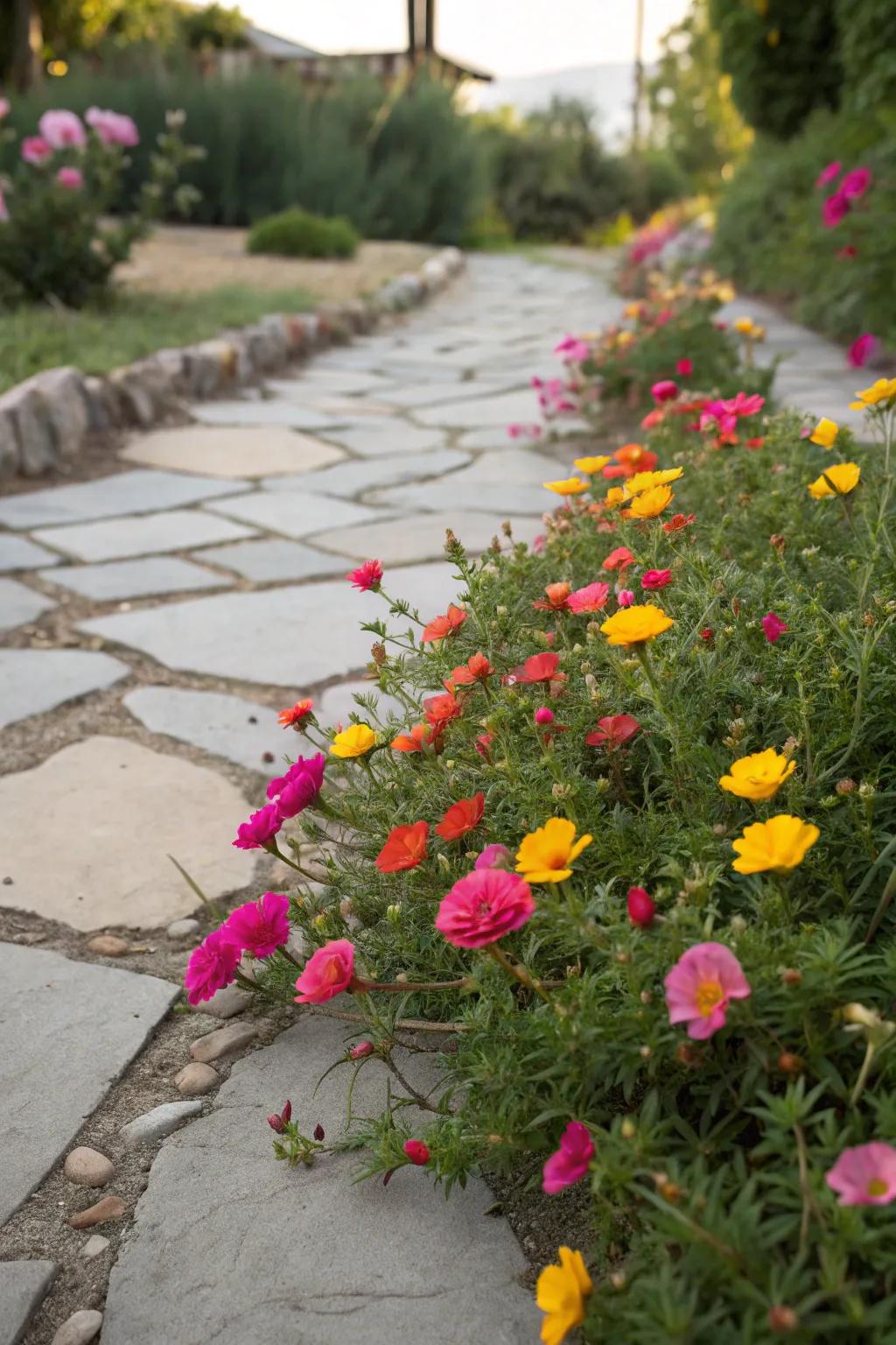 Portulaca makes for a vibrant and inviting pathway edging.