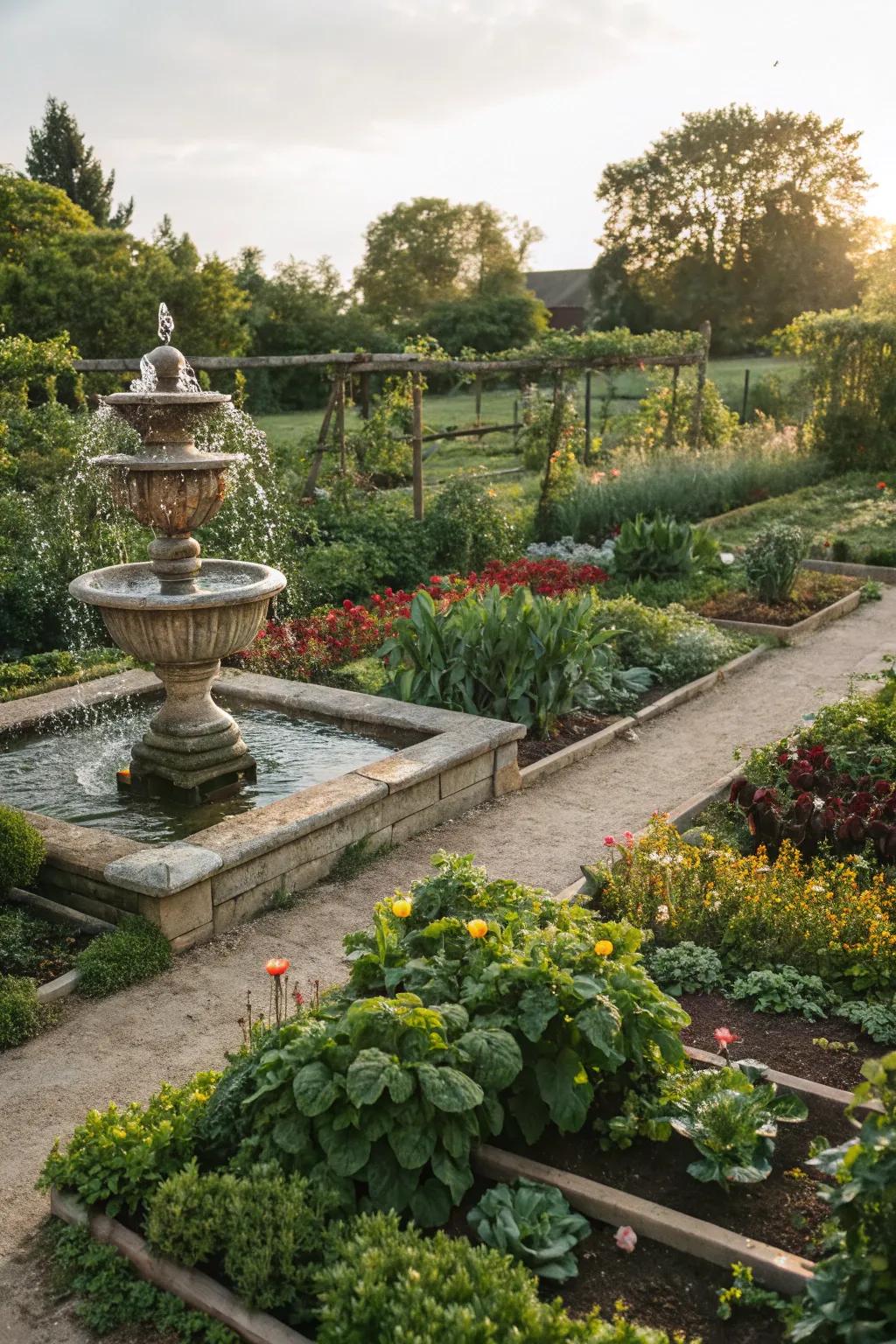 A calming focal point in a potager garden.