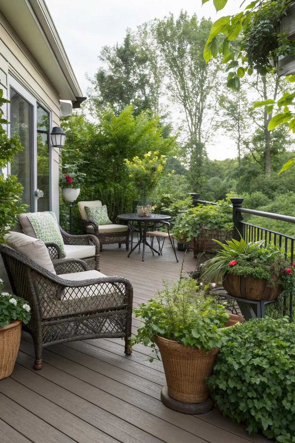 Seamless integration of plants and furniture enhances your deck's design.