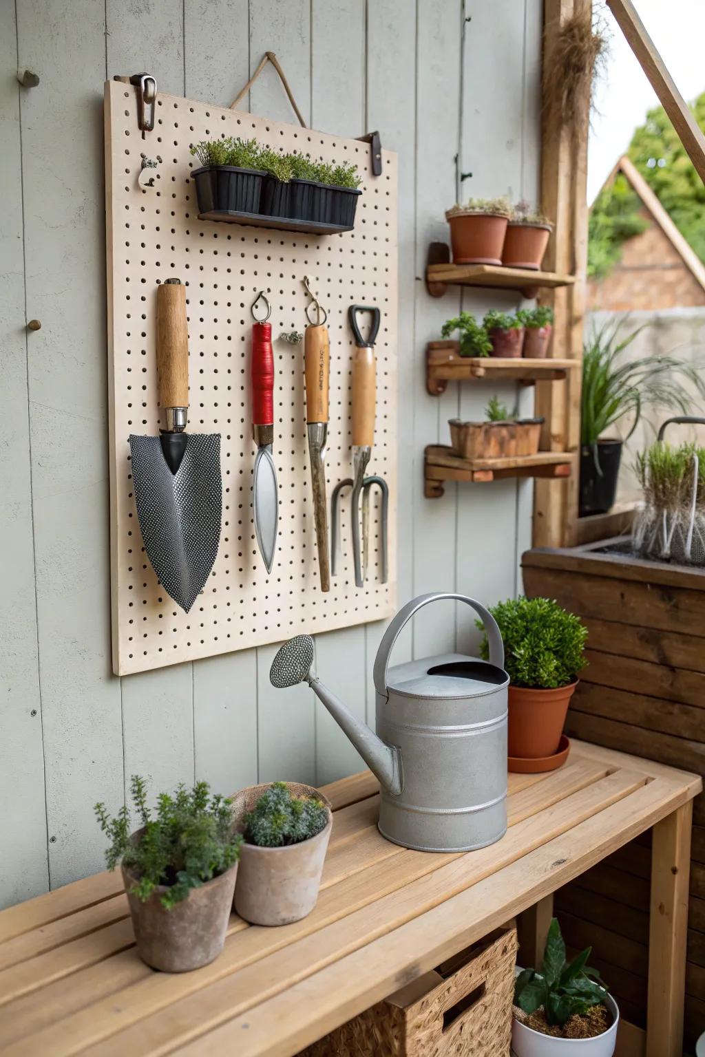 A pegboard offers a practical solution for tool storage.