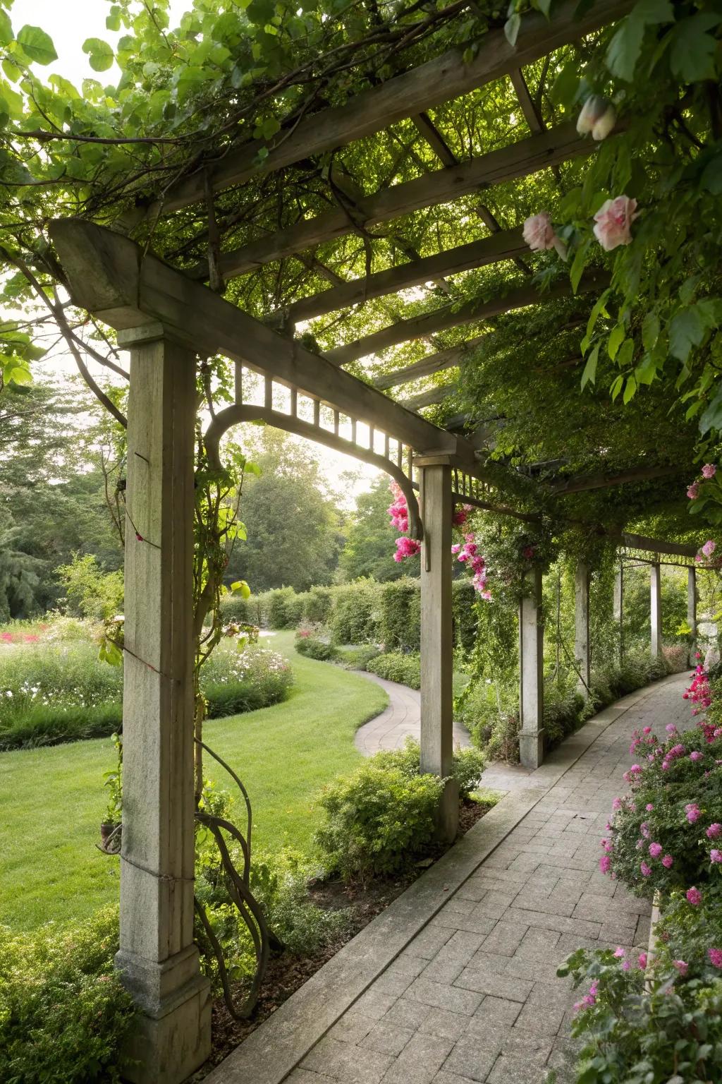 An arbor draped with climbing plants, forming an intimate garden enclosure.