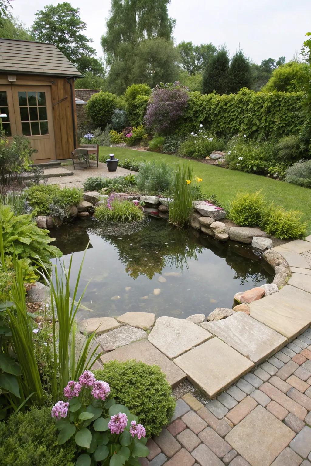 A preformed pond beautifully integrated into a patio setting.
