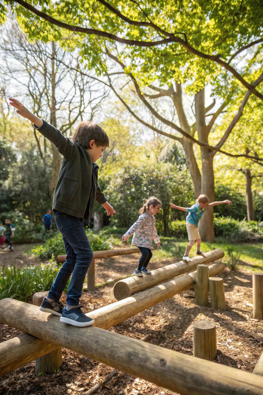 Kids balancing on log beams, building their coordination and confidence.