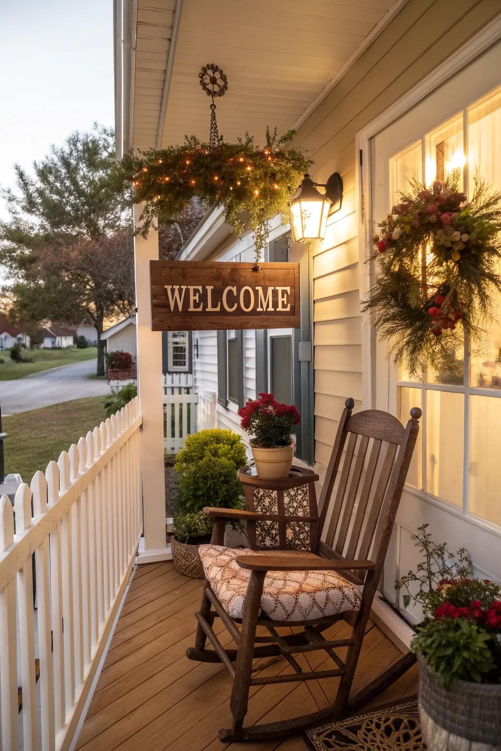 A welcoming porch with a decorative wreath and wooden sign.