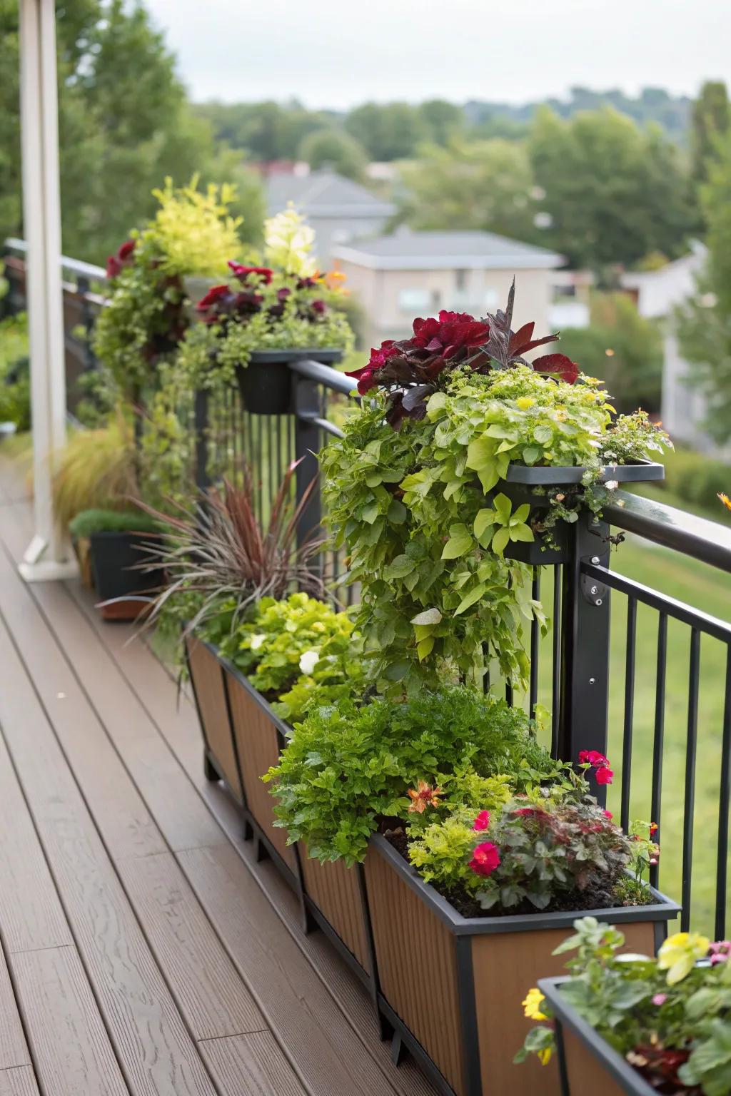 A vibrant deck enriched with planters for added privacy and charm.