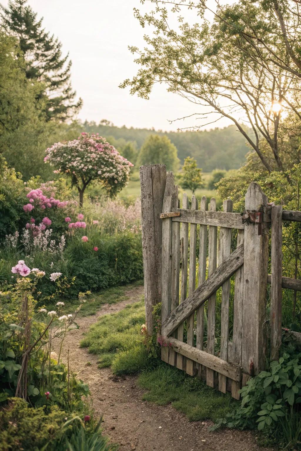 A rustic gate crafted from reclaimed wood, offering sustainable charm.