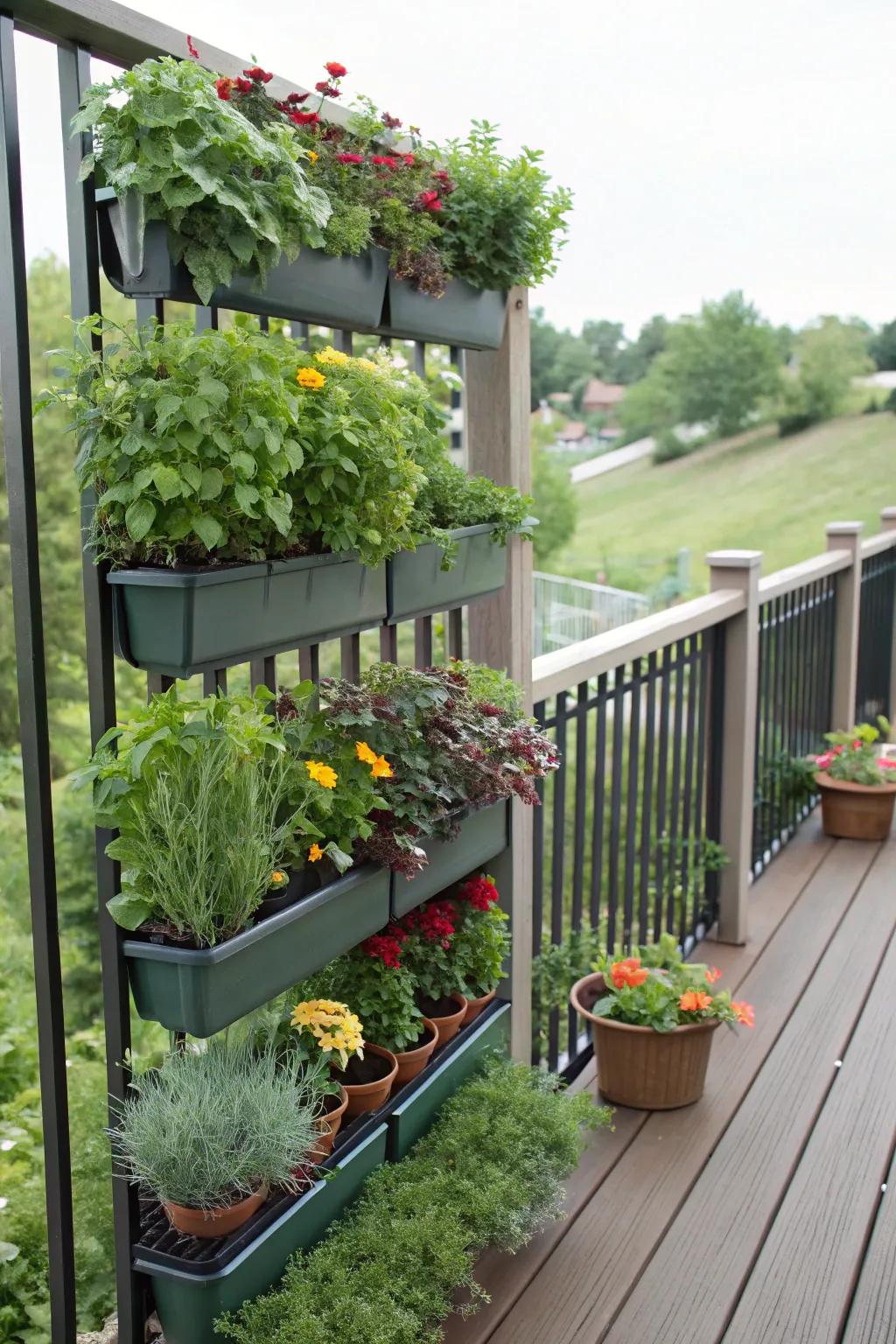 Vertical gardens on a fence add privacy and a touch of nature.