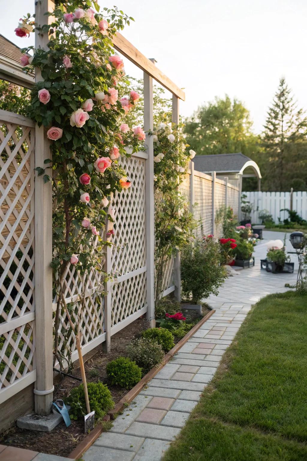 Lattice panels offering privacy with floral elegance.