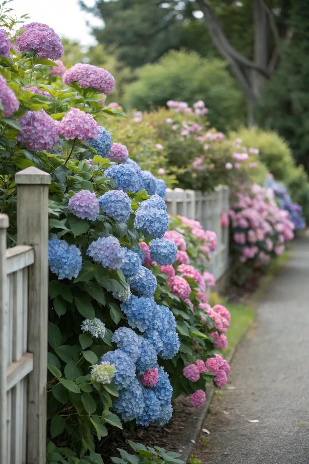 Hydrangeas adding a colorful, romantic privacy screen.