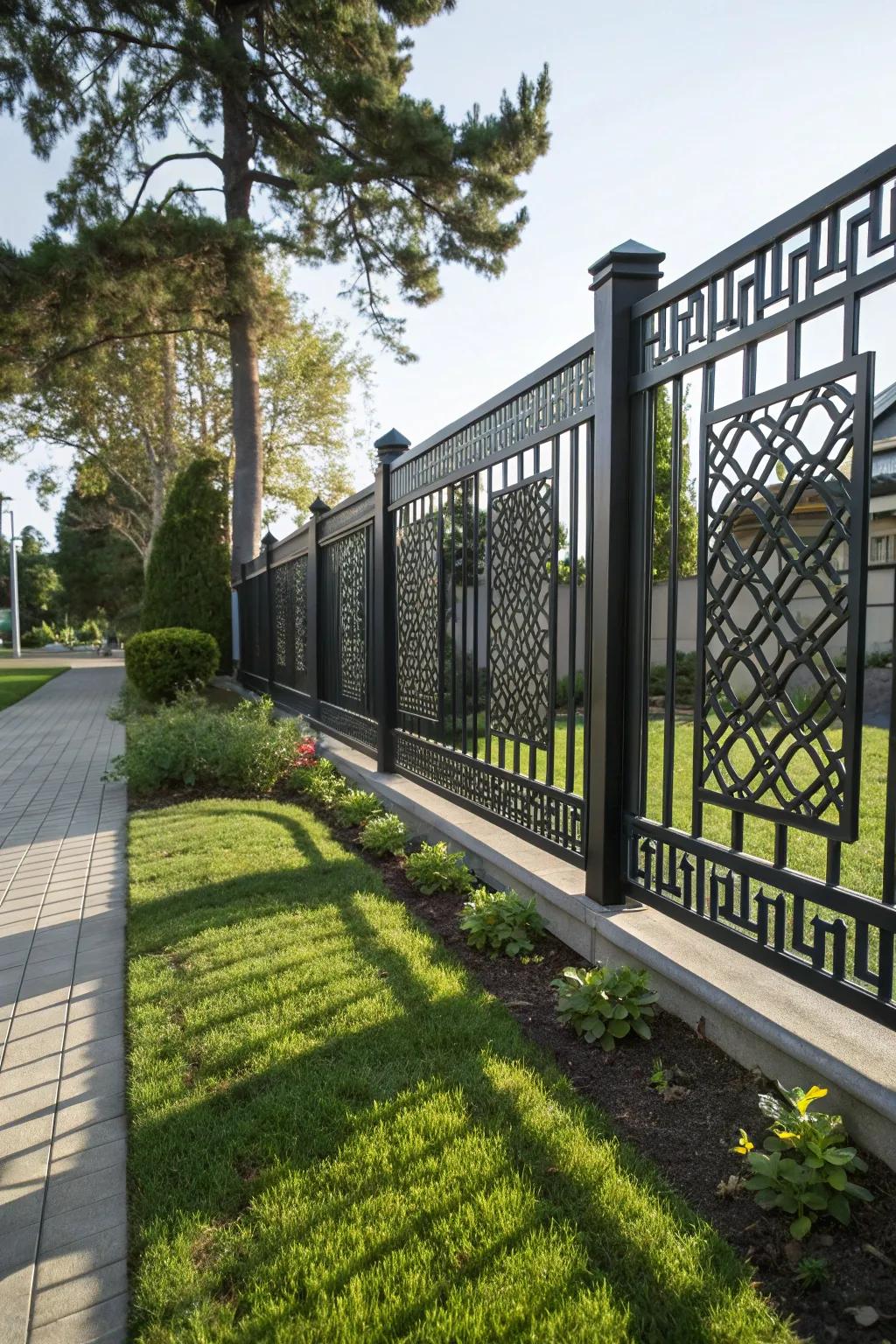 A modern wrought iron fence featuring geometric patterns for a stylish touch.