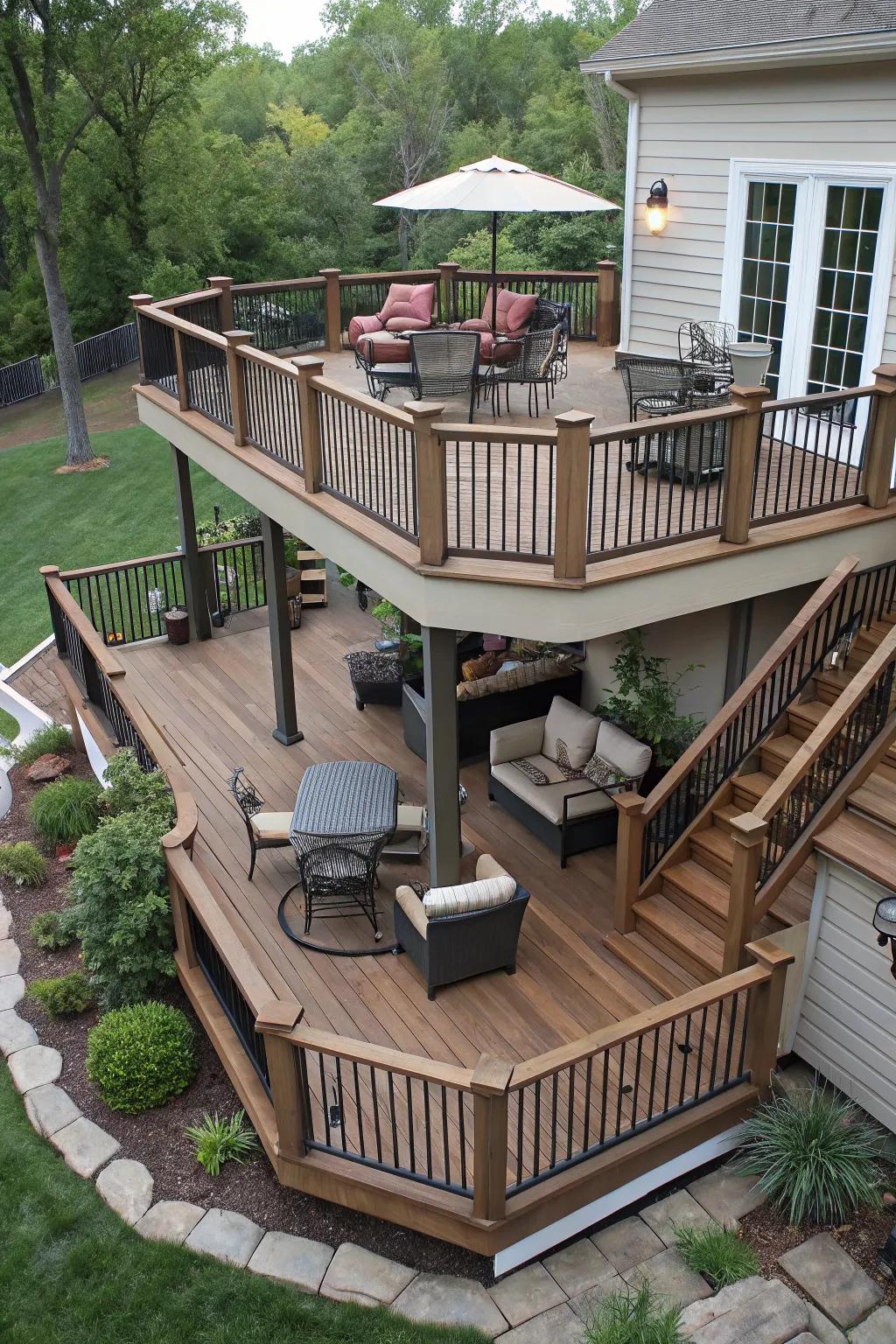 Layered decks offer privacy and dynamic space.