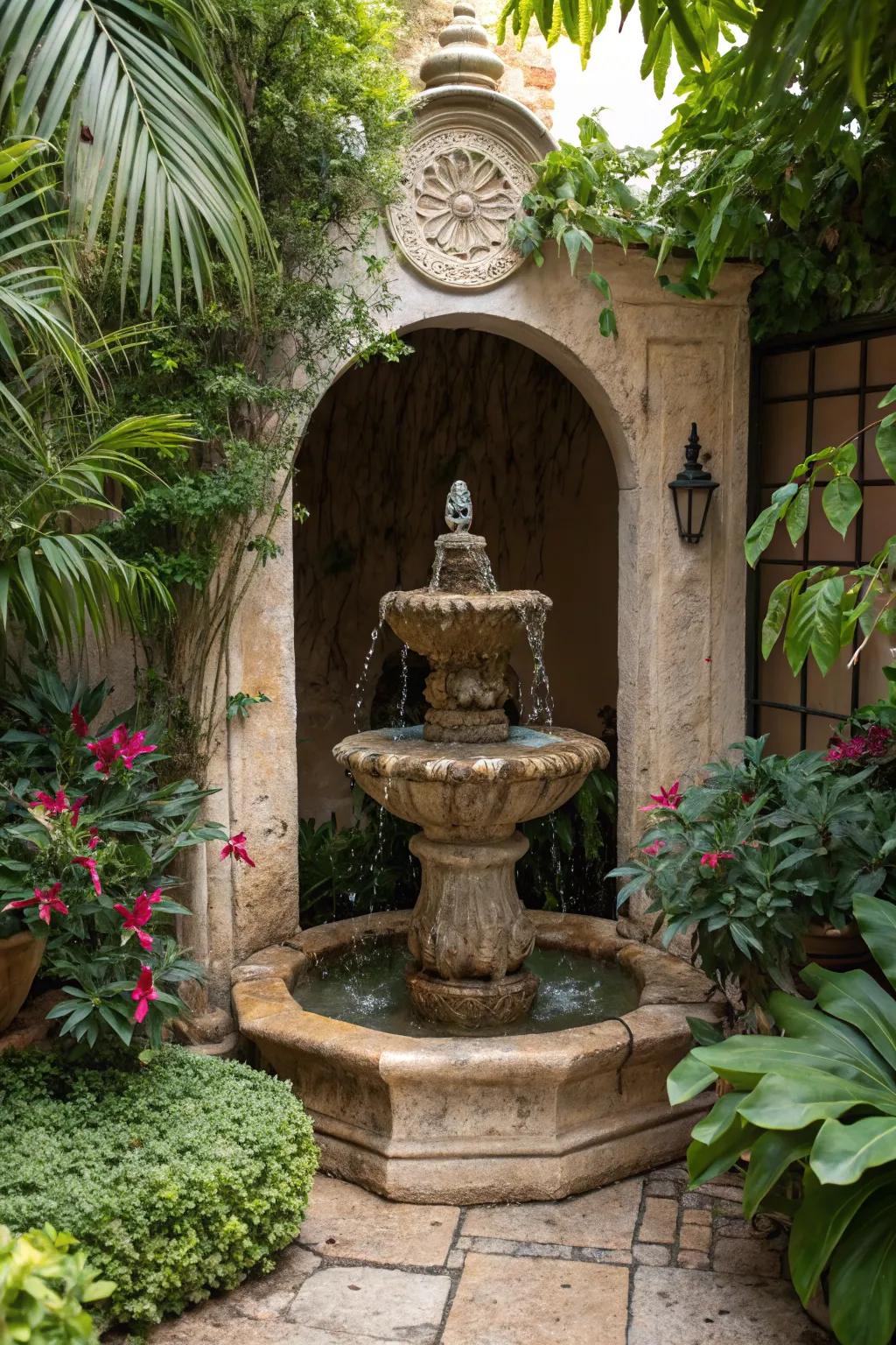 A water feature adds tranquility and elegance to your entrance.