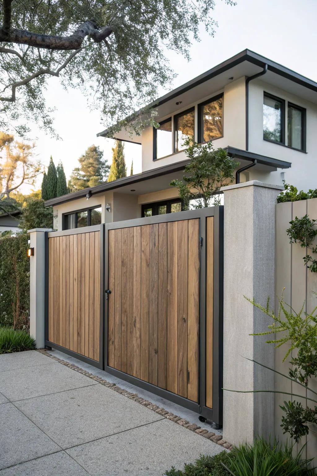 Aluminum gates with a wood-like finish offer style with minimal upkeep.
