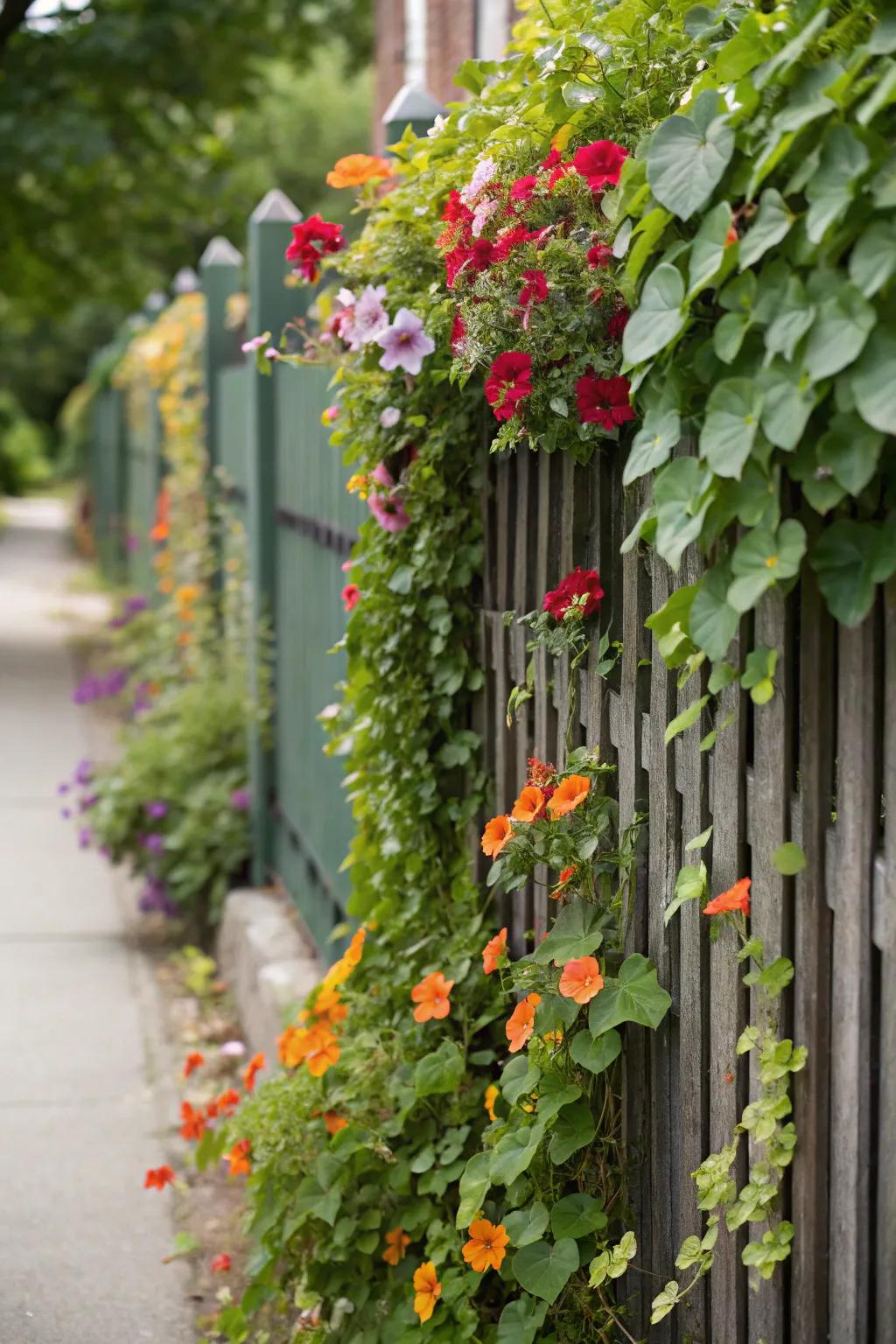 Lush vertical garden adding life to a wooden fence.