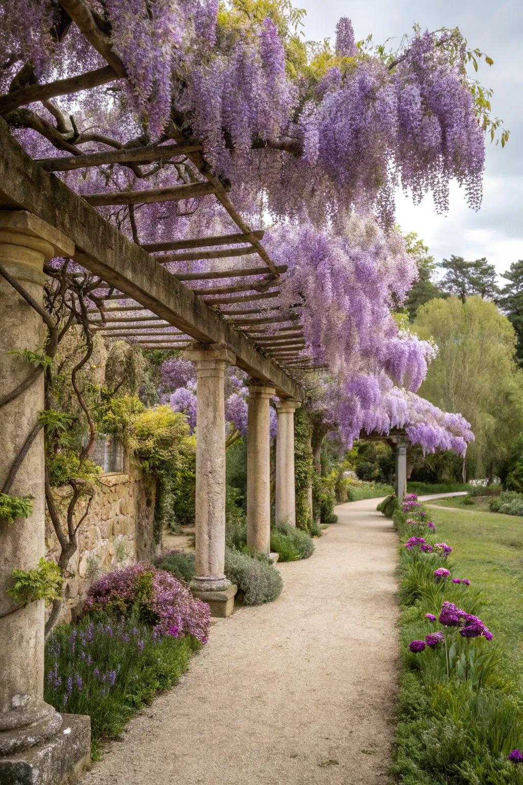 A wisteria-covered pergola providing shade in the garden.