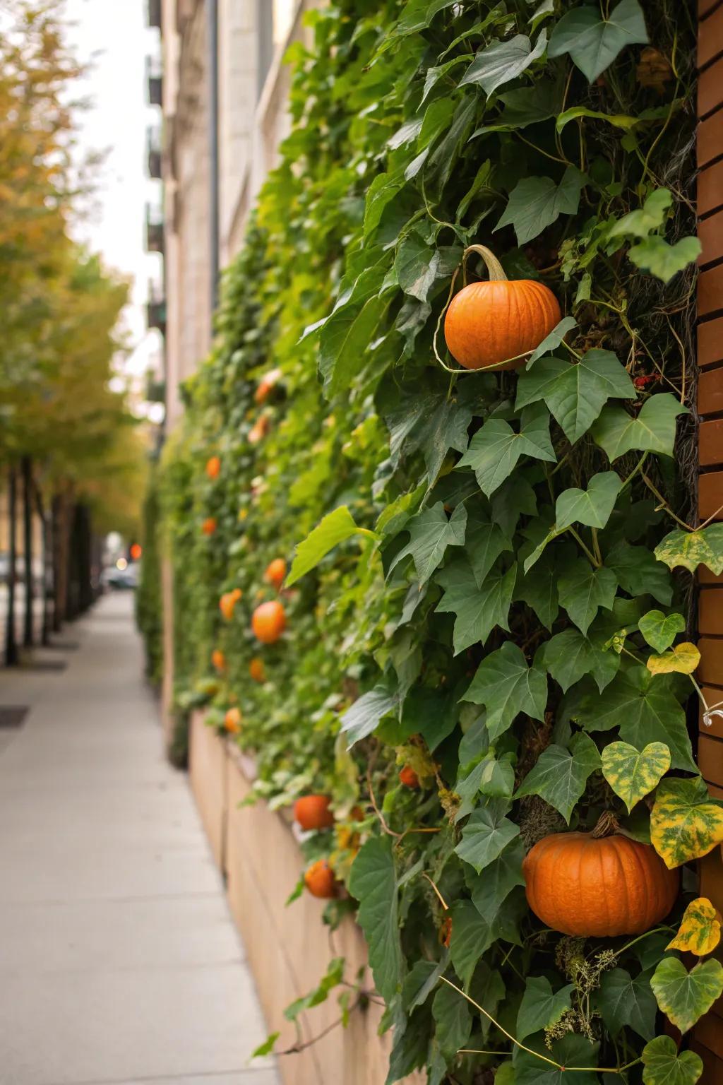 A creative vertical pumpkin garden adding depth and interest to the outdoor space.