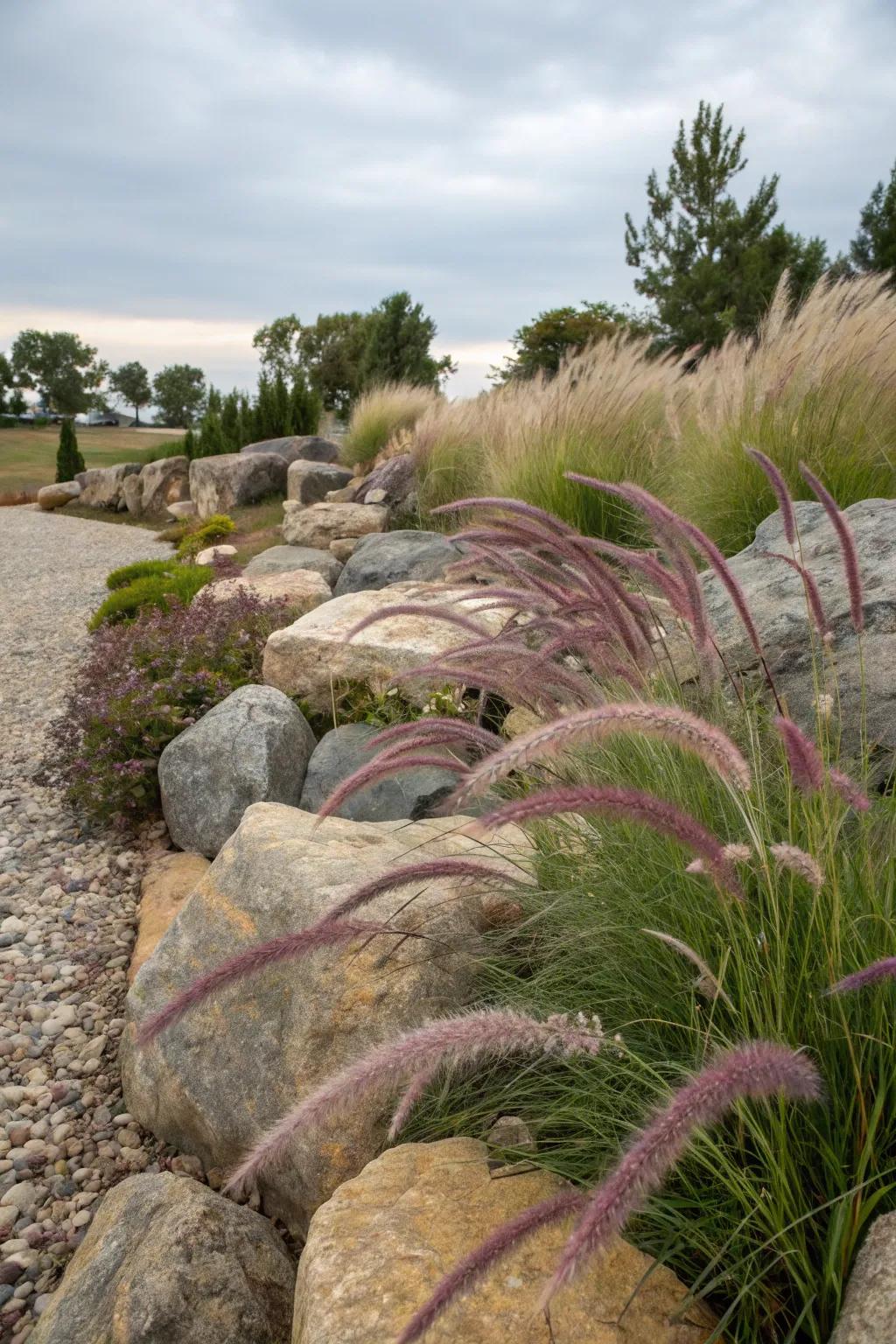 A serene rock garden featuring purple fountain grass.