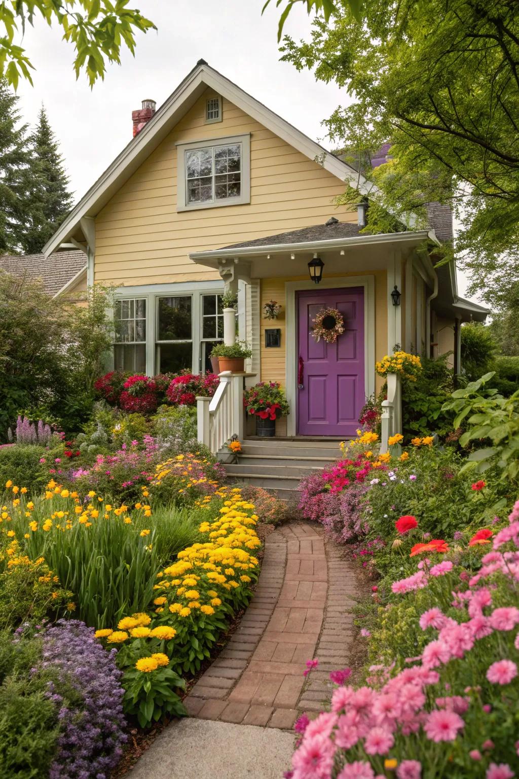 Violet doors are bold and full of life, perfect for a lively entrance.