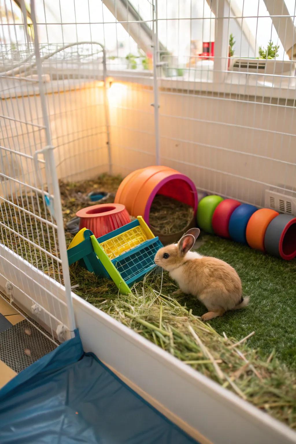 A rabbit cage full of activities to keep your bunny entertained.