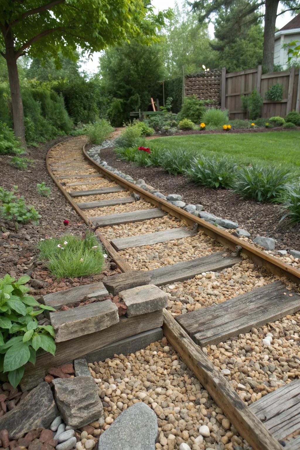A textured garden design combining railroad ties with gravel and mulch.