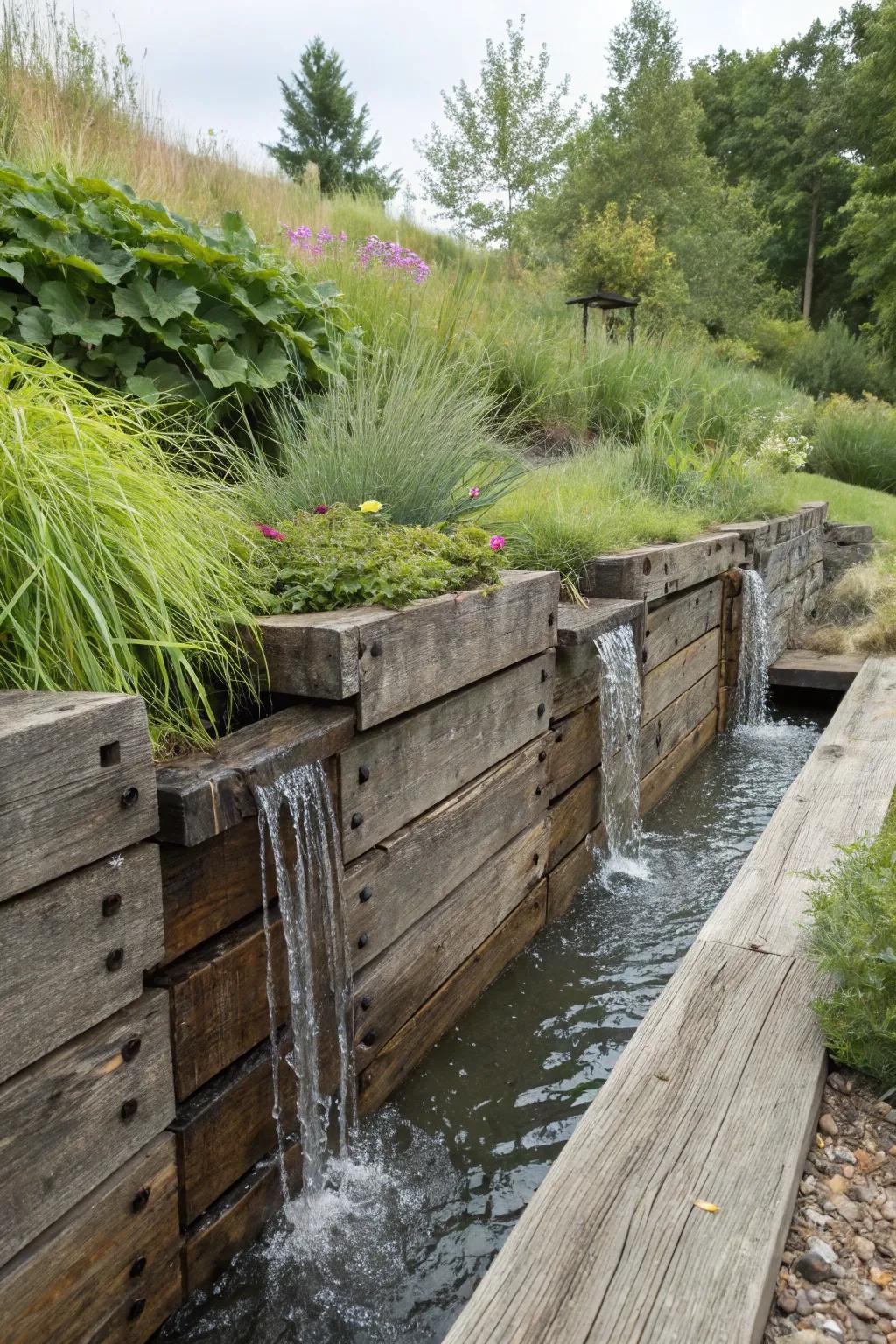 A serene water feature beautifully integrated into a railroad tie retaining wall.