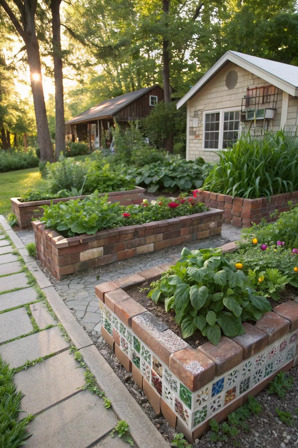Repurposed materials add a unique and personal touch to garden borders.