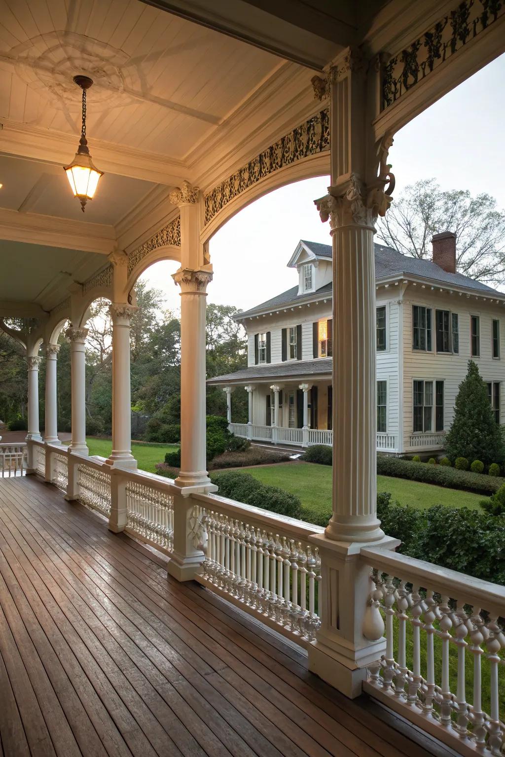 A raised porch featuring classic colonial architectural details.