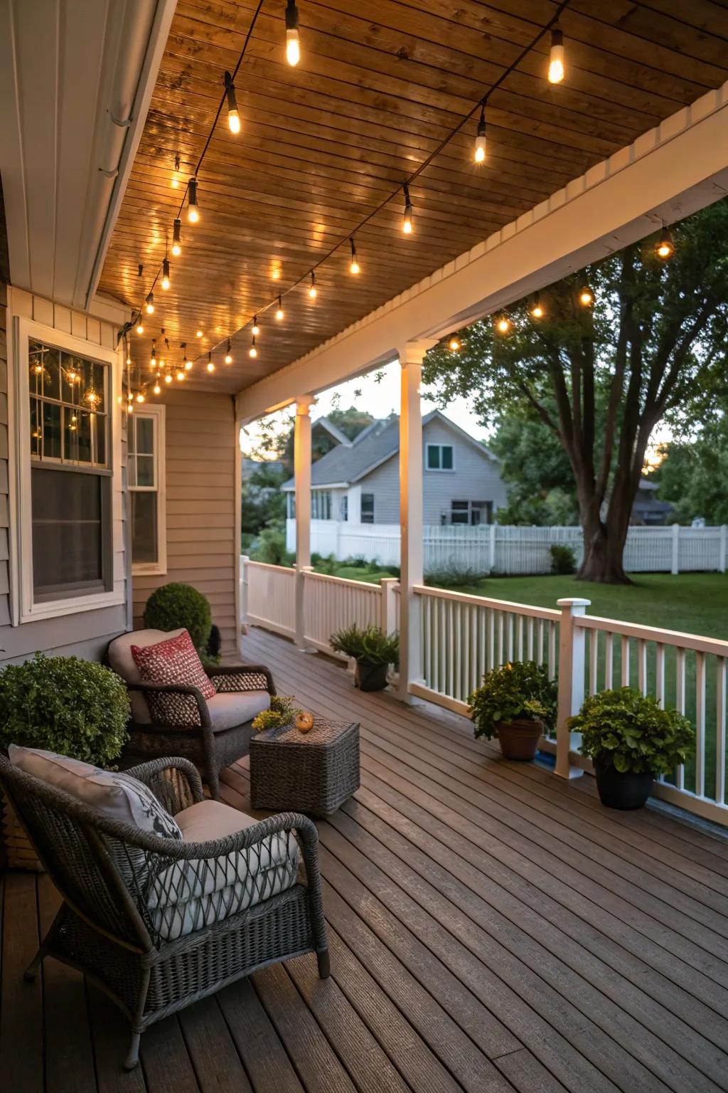 Cozy string lights illuminating a raised front porch.