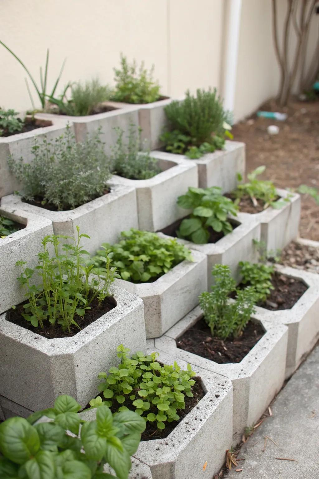 A modern herb garden using cinder blocks for a unique look.